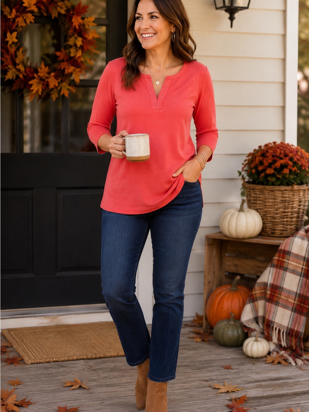 Orvis Coral Split-Neck 3/4 Sleeve Top